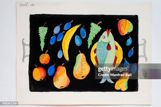 tray, fish and fruits, fruit, childrens drawing, 11 years, germany - damson plum stock illustrations
