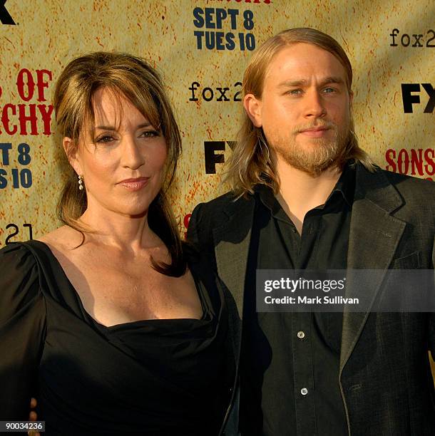 Actress Katey Sagal and actor Charlie Hunnam arrive at the season two premiere screening of "Sons Of Anarchy" at the Paramount Theater on the...