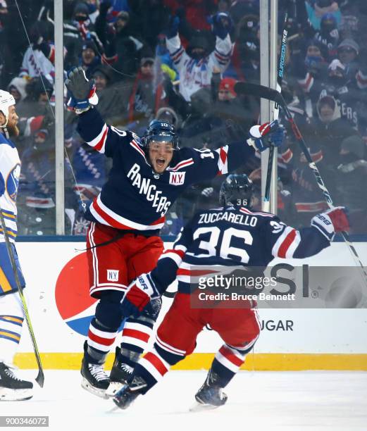 Miller of the New York Rangers celebrates his game-winning goal in overtime against the Buffalo Sabres with teammate Mats Zuccarello during the 2018...