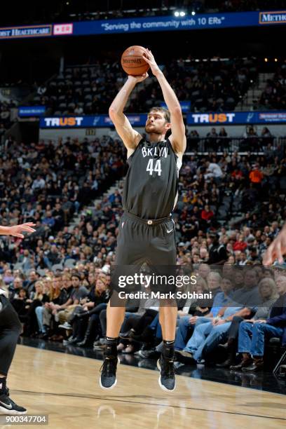 Tyler Zeller of the Brooklyn Nets shoots the ball against the San Antonio Spurs on December 26, 2017 at the AT&T Center in San Antonio, Texas. NOTE...