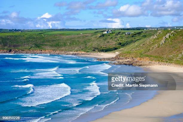 wide sandy beach with waves, sennen cove, sennen, cornwall, england, great britain - sennen bildbanksfoton och bilder