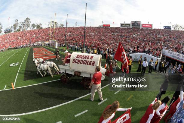 The Sooner Schooner is seen before the Oklahoma Sooners take on the Georgia Bulldogs in the 2018 College Football Playoff Semifinal at the Rose Bowl...