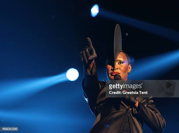 Grace Jones performs live on Day 3 of the Lowlands Festival on August 23, 2009 in Biddinghuizen, Netherlands.