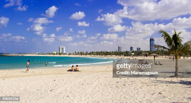 al mamzar beach park, sharjah on the background - the palm dubai stock-fotos und bilder