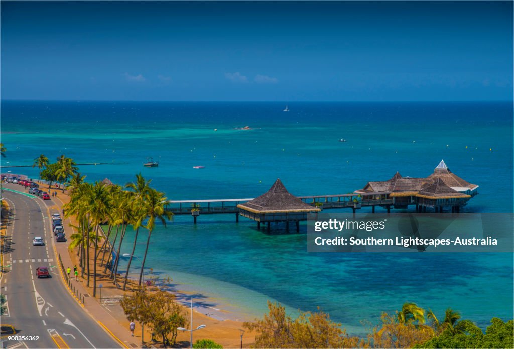 Pier and restaurant facilities over the water, Noumea harbour, New Caledonia, South Pacific.