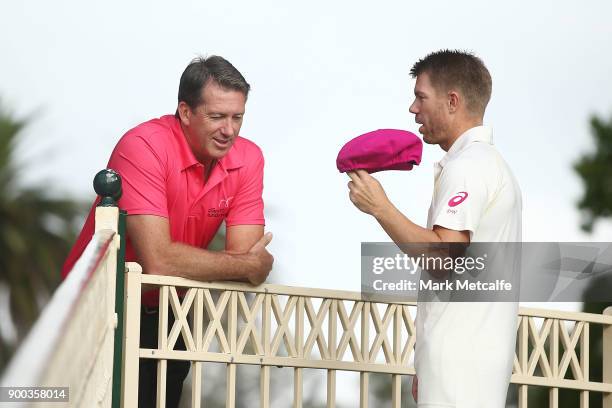 Glenn McGrath talks to David Warner before an Australian nets session at Sydney Cricket Ground on January 2, 2018 in Sydney, Australia.