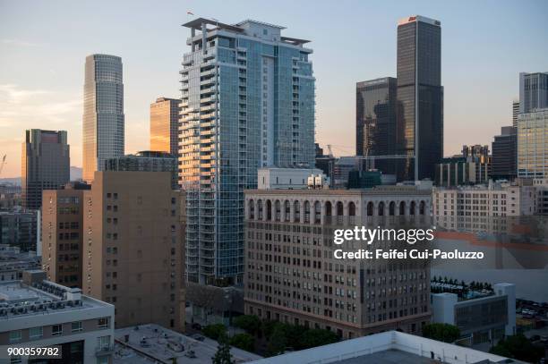 downtown buildings at los angeles, usa - downtown los angeles stockfoto's en -beelden