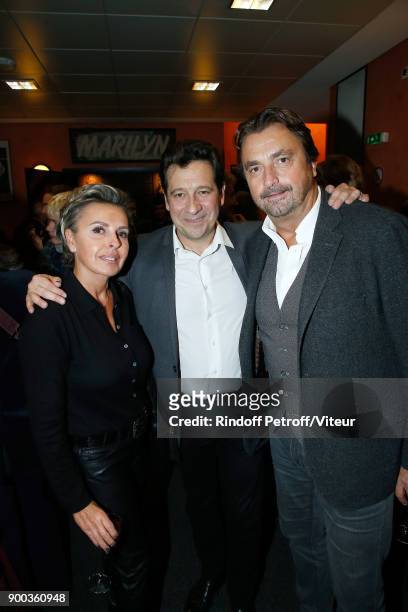 Maya Dowlatshahi, Laurent Gerra and Henri Leconte attend "Laurent Gerra Sans Moderation" at L'Olympia on December 28, 2017 in Paris, France.