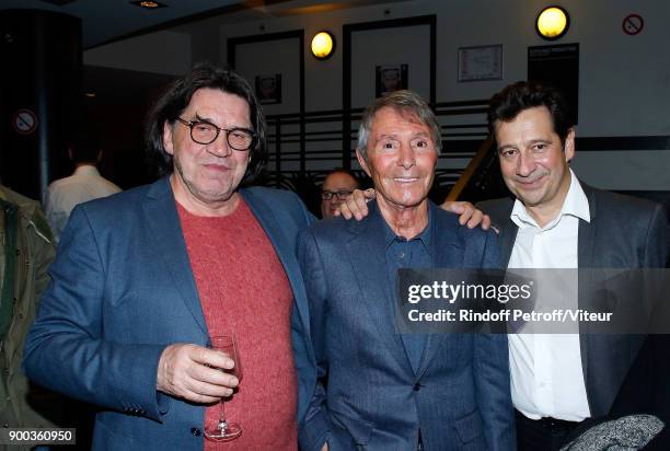 Jean-Francois Davy, Francis Veber and Laurent Gerra attend "Laurent Gerra Sans Moderation" at L'Olympia on December 28, 2017 in Paris, France.