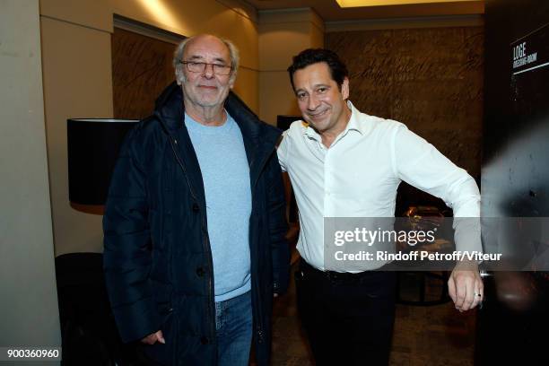 Maxime Leforestier and Laurent Gerra attend "Laurent Gerra Sans Moderation" at L'Olympia on December 28, 2017 in Paris, France.