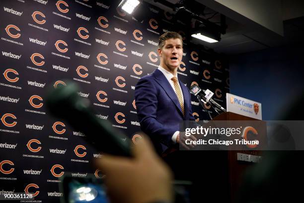 Chicago Bears general manager Ryan Pace speaks about the decision to fire John Fox Monday, Jan. 1, 2018 during a press conference at Halas Hall in...