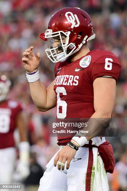 Baker Mayfield of the Oklahoma Sooners reacts after a failed third down in the third quarter in the 2018 College Football Playoff Semifinal Game...