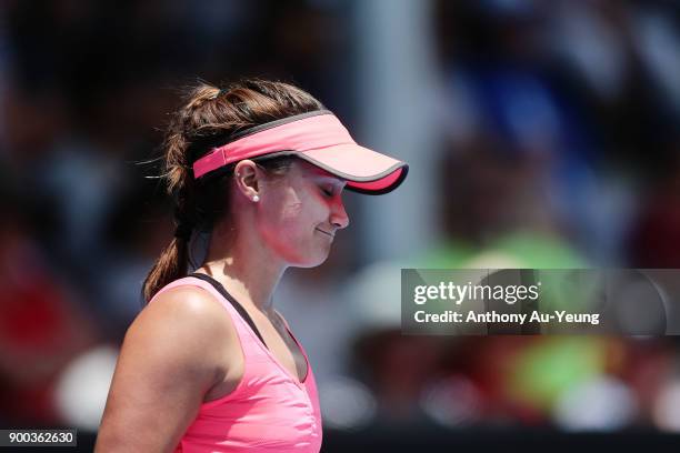 Lauren Davis of USA reacts in her first round match against Sachia Vickery of USA during day two of the ASB Women's Classic at ASB Tennis Centre on...