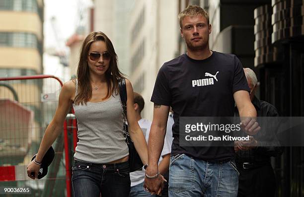 Andrew Flintoff walks with his wife Rachel as the England cricket team depart from their team hotel on August 24, 2009 in London, England. The...