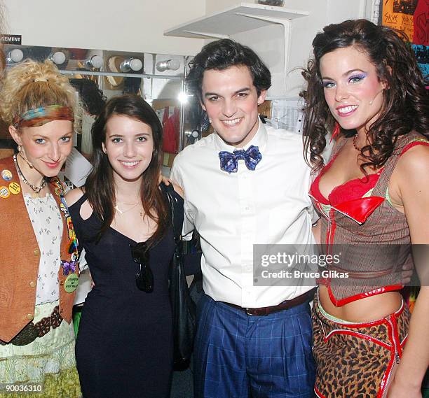 Lauren Molina, Emma Roberts, Wesley Taylor and Katherine Tokarz pose backstage at the hit rock musical "Rock of Ages" on Broadway at The Brooks...