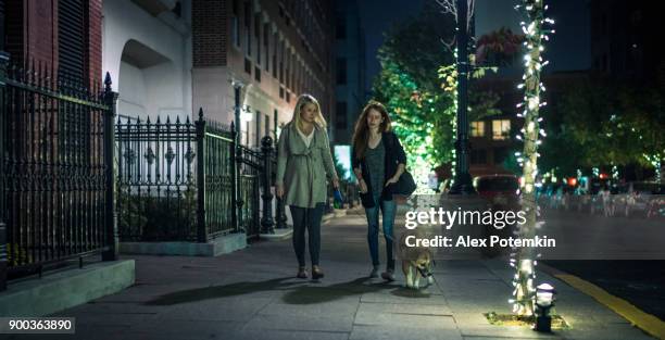 the pretty caucasian blonde pregnant woman together with her teenager sister walking the dog on the street at the night - jersey city stock pictures, royalty-free photos & images