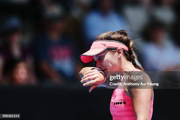 Lauren Davis of USA reacts in her first round match against Sachia Vickery of USA during day two of the ASB Women's Classic at ASB Tennis Centre on...
