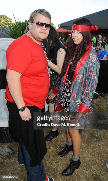 James Corden and Peaches Geldof attend the Bacardi VIP Lounge at The V Festival at Hylands Park on August 23, 2009 in Chelmsford, England.