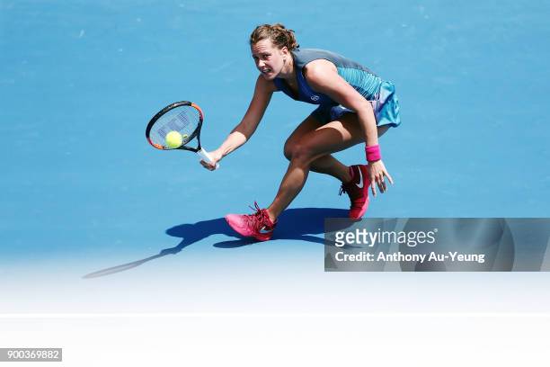 Barbora Strycova of Czech Republic plays a shot in her first round match against Sara Errani of Italy during day two of the ASB Women's Classic at...