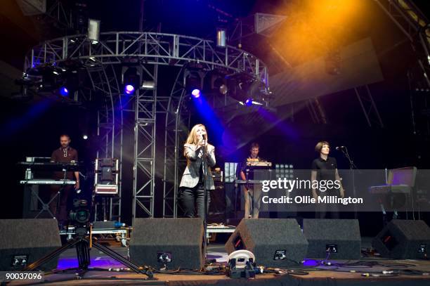 Bob Stanley, Sarah Cracknell, Pete Wiggs and Debsey Wykes of St Etienne performs on stage on the second day of the Summer Sundae Weekender at De...