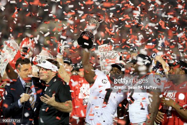 Sony Michel of the Georgia Bulldogs celebrates after scoring the winning touchdown in the 2018 College Football Playoff Semifinal Game against the...