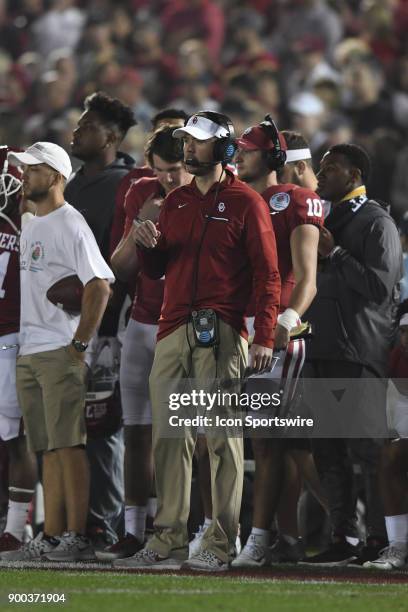 Head Coach Lincoln Riley of the Oklahoma Sooners during the 4th quarter of the College Football Playoff Semifinal at the Rose Bowl Game between the...