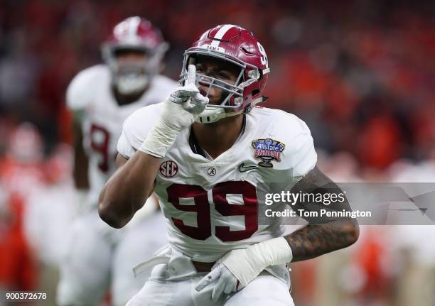 Raekwon Davis of the Alabama Crimson Tide reacts in the first half of the AllState Sugar Bowl against the Clemson Tigers at the Mercedes-Benz...