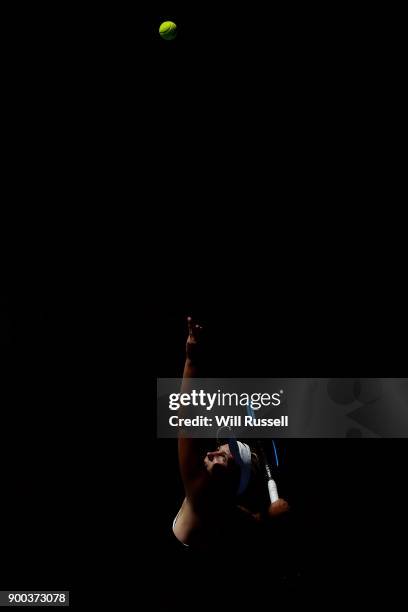 Reserve player, Maddie Inglis of Japan serves to Coco Vandeweghe of the United States in the womens singles match on Day Four of the 2018 Hopman Cup...