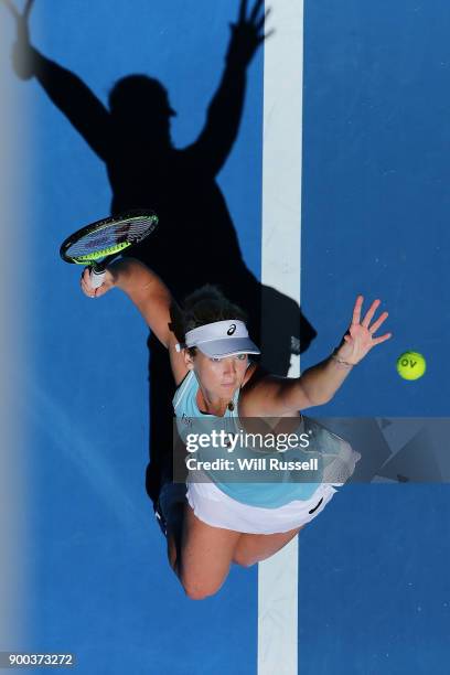 Coco Vandeweghe of the United States serves to Reserve player, Maddie Inglis of Japan in the womens singles match on Day Four of the 2018 Hopman Cup...