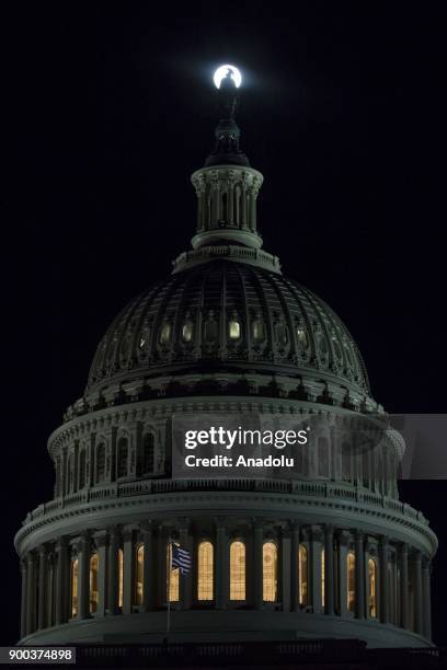 The first supermoon of 2018 rises in Washington, USA on January 1, 2018. Supermoons happen when a full moon approximately coincides with the moon's...