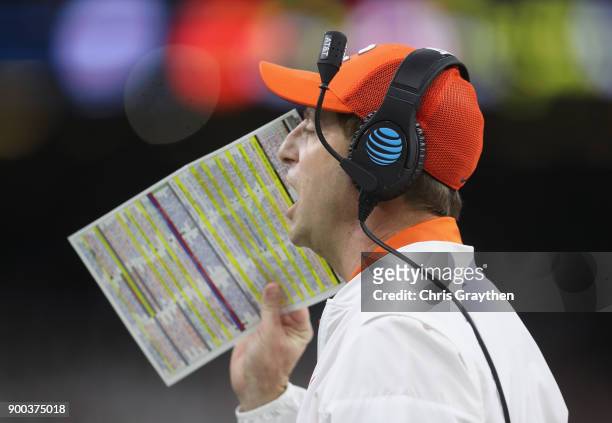 Head coach Dabo Swinney of the Clemson Tigers react in the first half of the AllState Sugar Bowl against the Alabama Crimson Tide at the...