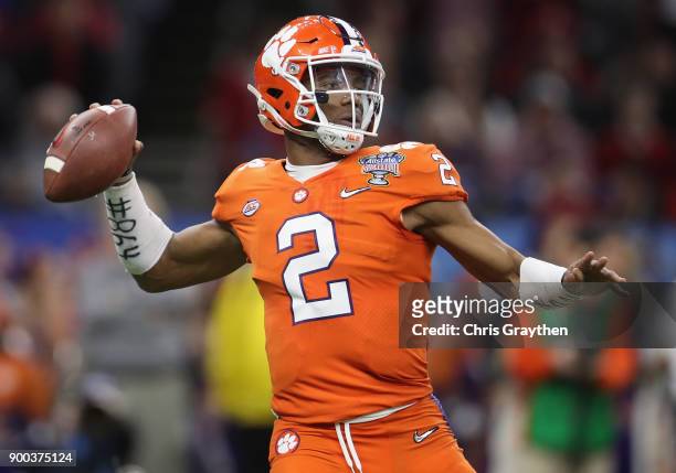 Kelly Bryant of the Clemson Tigers thows the ball in the first half of the AllState Sugar Bowl against the Alabama Crimson Tide at the Mercedes-Benz...