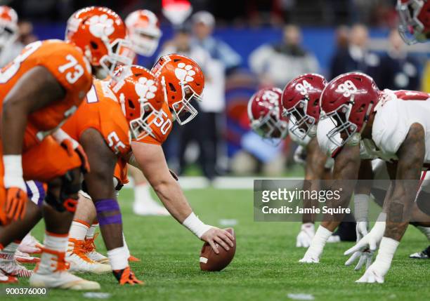 The Clemson Tigers line up against the Alabama Crimson Tide in the first half of the AllState Sugar Bowl at the Mercedes-Benz Superdome on January 1,...