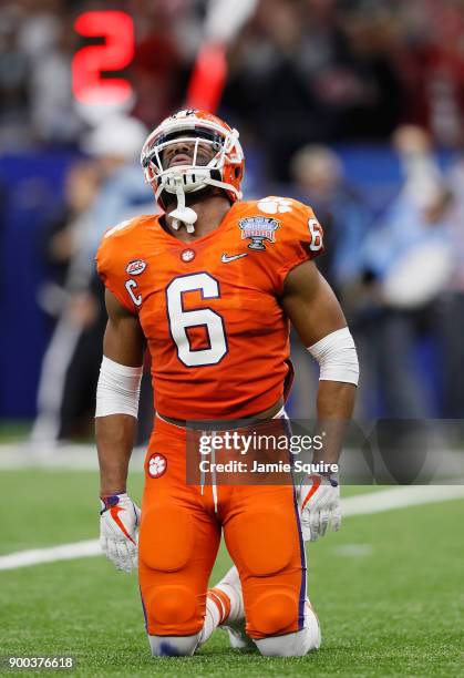 Dorian O'Daniel of the Clemson Tigers reacts in the first half of the AllState Sugar Bowl against the Alabama Crimson Tide at the Mercedes-Benz...