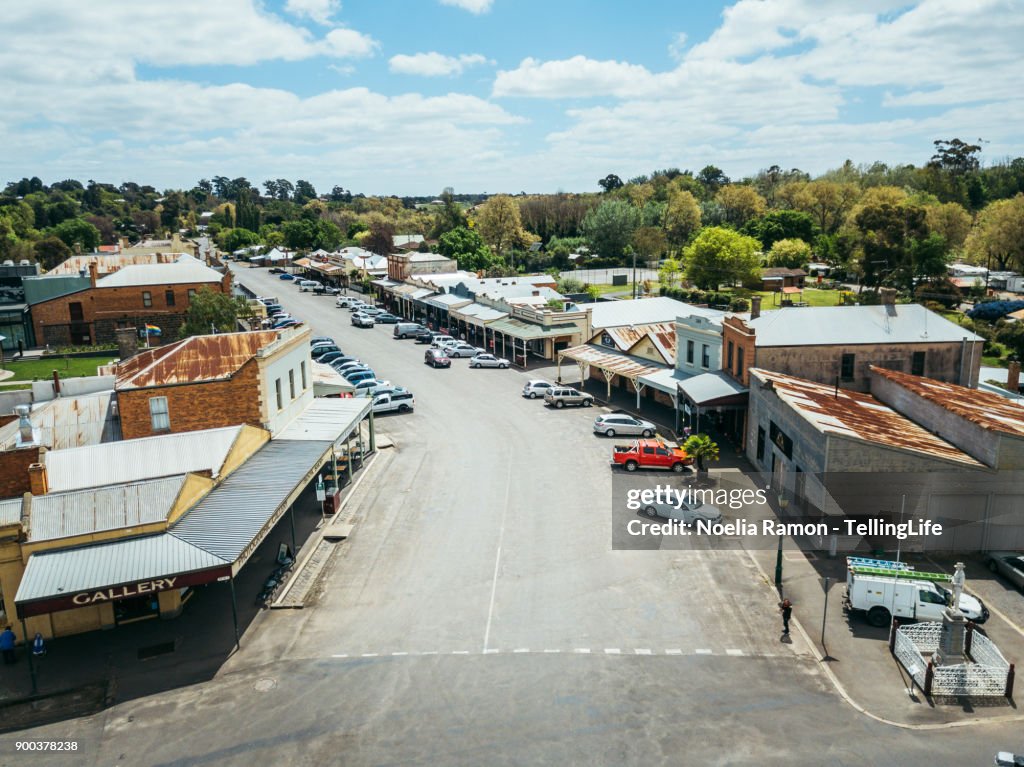 Aerial view of a small rural town in rural Victoria, Australia