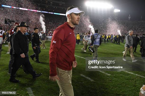 Head Coach Lincoln Riley of the Oklahoma Sooners after the Sooners loss in the College Football Playoff Semifinal at the Rose Bowl Game between the...