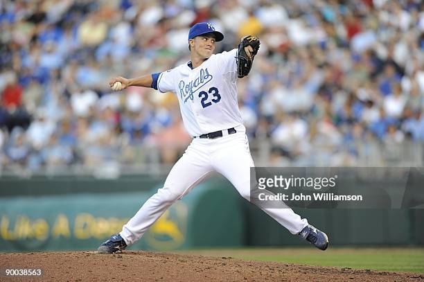 Zack Greinke of the Kansas City Royals pitches during the game against the Tampa Bay Rays at Kauffman Stadium in Kansas City, Missouri on Saturday,...