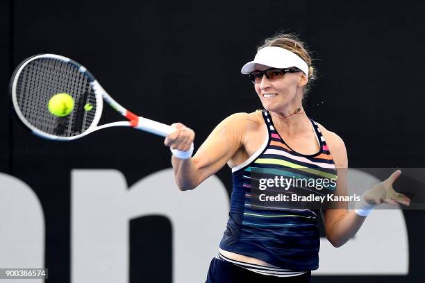Mirjana Lucic-Baroni of Croatia plays a forehand in her match against Alize Cornet of France during day three of the 2018 Brisbane International at...