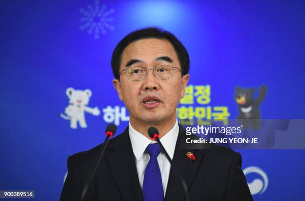 South Korea's Unification Minister Cho Myoung-Gyon speaks during a press conference at a government complex in Seoul on January 2, 2018. - South...