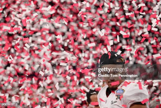 Jalen Hurts of the Alabama Crimson Tide celebrtes after winning the AllState Sugar Bowl against the Clemson Tigers at the Mercedes-Benz Superdome on...