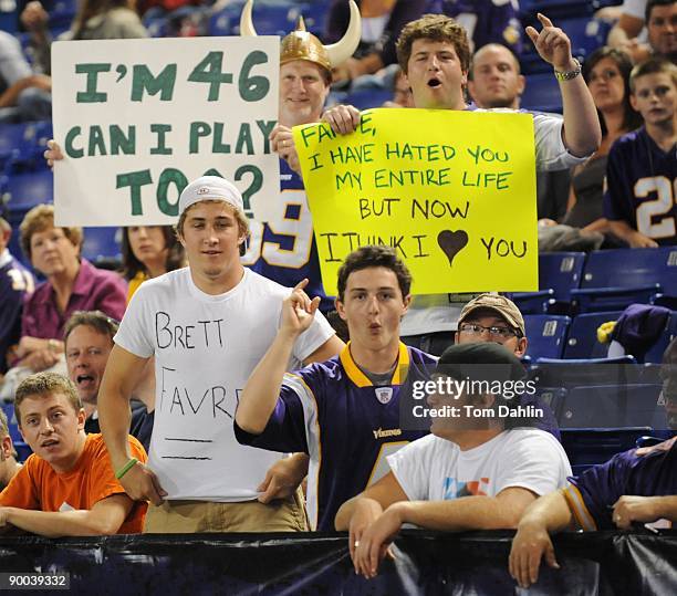 Minnesota Vikings fans display Brett Favre signs during an NFL game against the Kansas City Chiefs at the Hubert H. Humphrey Metrodome on August 21,...