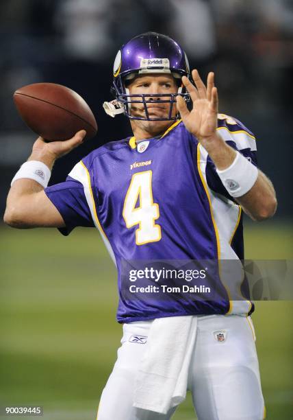 Brett Favre of the Minnesota Vikings warms up prior to an NFL game against the Kansas City Chiefs at the Hubert H. Humphrey Metrodome on August 21,...