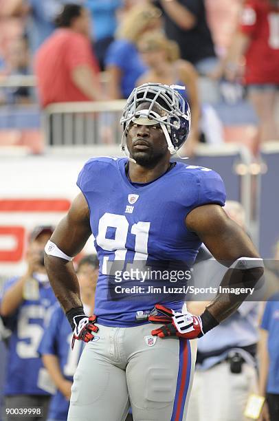 Justin Tuck of the New York Giants before a NFL preseason game against the Carolina Panthers on August 17, 2009 at Giants Stadium in East Rutherford,...