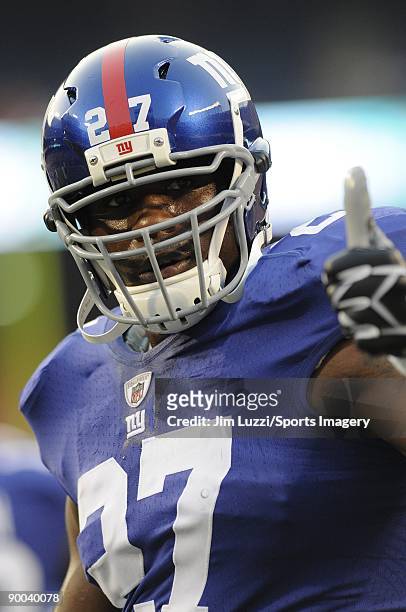 Brandon Jacobs of the New York Giants during a NFL preseason game against the Carolina Panthers on August 17, 2009 at Giants Stadium in East...