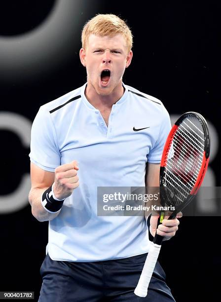 Kyle Edmund of Great Britain celebrates victory in his match against Denis Shapovalov of Canada during day three of the 2018 Brisbane International...
