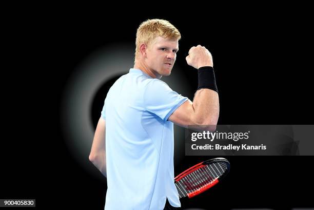 Kyle Edmund of Great Britain celebrates after winning a point in his match against Denis Shapovalov of Canada during day three of the 2018 Brisbane...