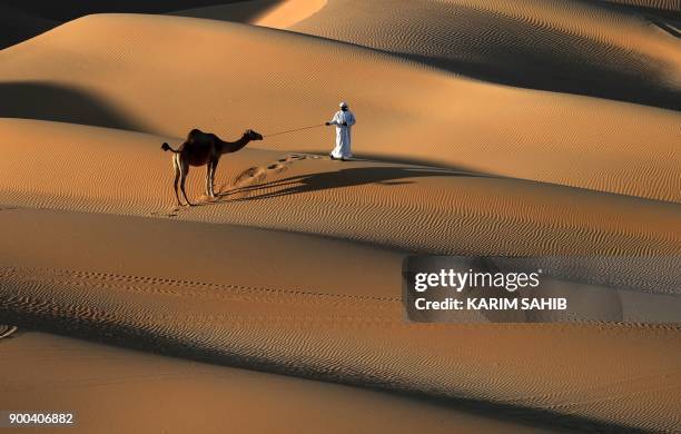 An Emirati man walks a camel across the Liwa desert, some 250 kilometres west of the Gulf emirate of Abu Dhabi, during the Liwa 2018 Moreeb Dune...