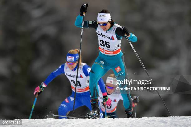 France's Anouk Faivre Picon competes in the Women's 10 km pursuit free during the cross country FIS World cup Tour de Ski event on January 1, 2018 in...