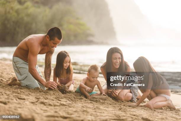 hawaii familie speelt samen aan zandstrand - fat guy on beach stockfoto's en -beelden