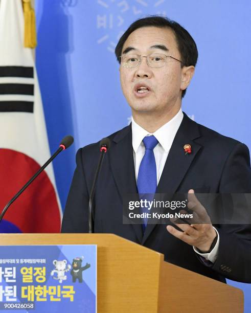 South Korea's Unification Minister Cho Myoung Gyon speaks at a press conference in Seoul on Jan. 2 proposing high-level talks with North Korea on...